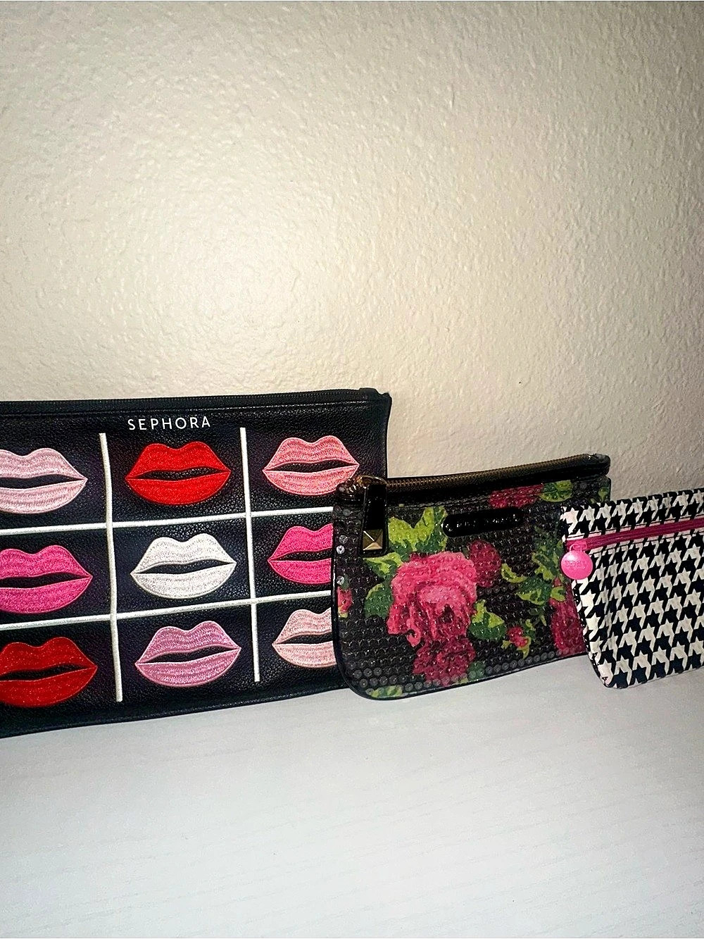 Bag Trio Sephora Leather Embroidered Lips Betsy J Houndstooth Pink Red Black Whi